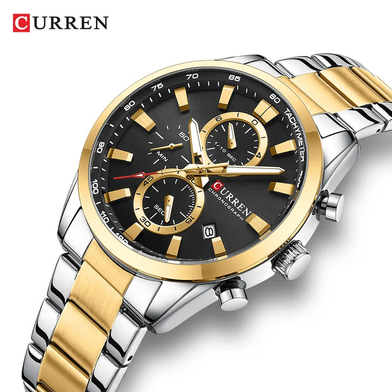 CURREN Quartz Chronograph Sport Watch for Men - Stainless Steel Band, Multifunction Dial