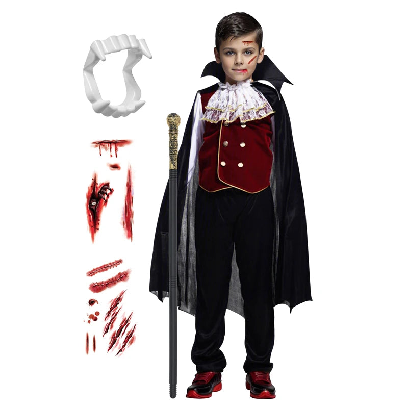 Kids Vampire Cosplay Costume Set with Walking Cane and False Teeth - Halloween Carnival