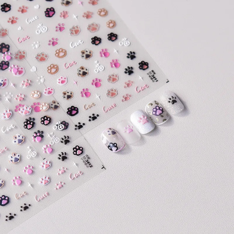 Cute Cat Nail Stickers - 3D Embossed Jelly Pink & Cartoon Paw Designs
