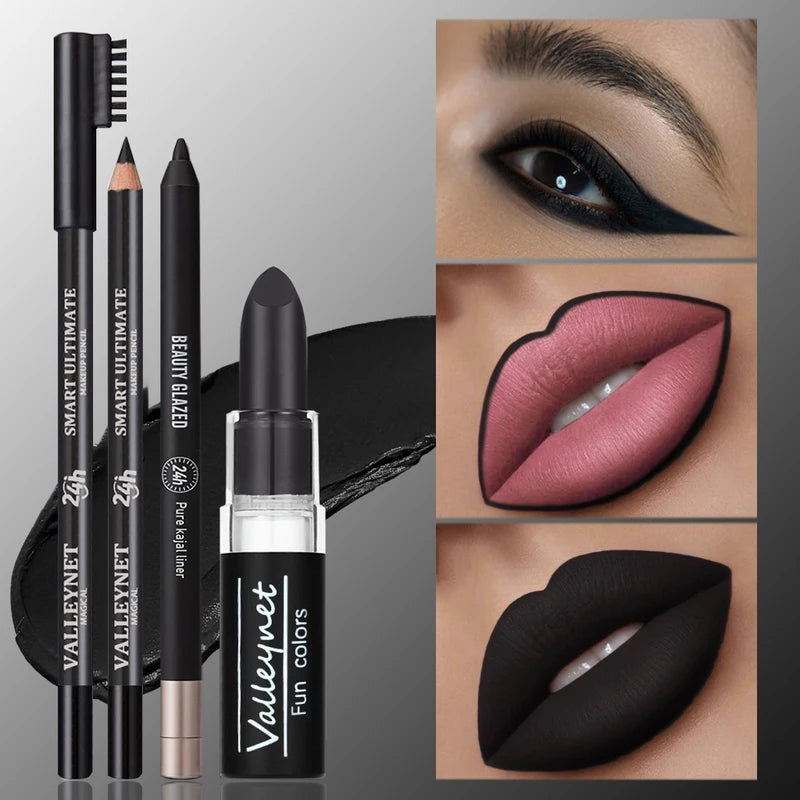 Dark Punk Makeup Set - 3 Pieces Matte Black Lipstick, Lip Liner & Waterproof Eyeliner for Halloween