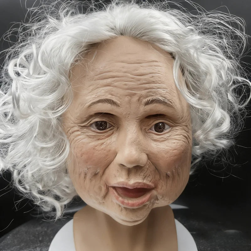 Old Woman Latex Mask with White Curly Hair - Elderly Grandma Halloween Costume