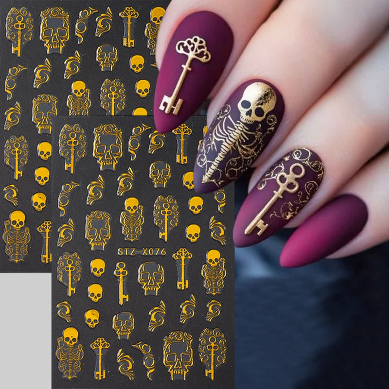Gothic Golden Skull Nail Art Stickers Halloween Self-Adhesive Decals for Nails