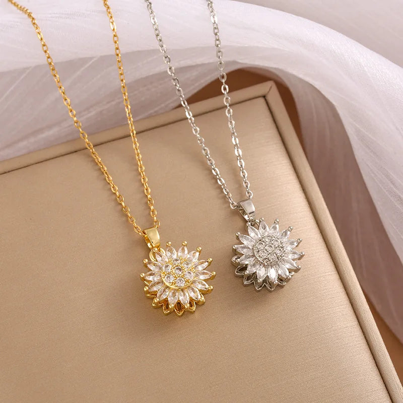 Double-Layer Rotatable Sunflower Necklace for Women Girl Jewelry Choker