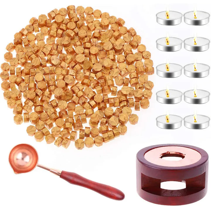 Wax Seal Set with Gold Beads, Warmer, Spoon & Candles for Invitations & Crafts