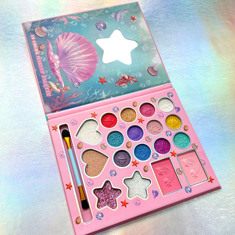 Kids Makeup Set 18 Colors, Glitter & Matte Effects, Non-Toxic & Washable