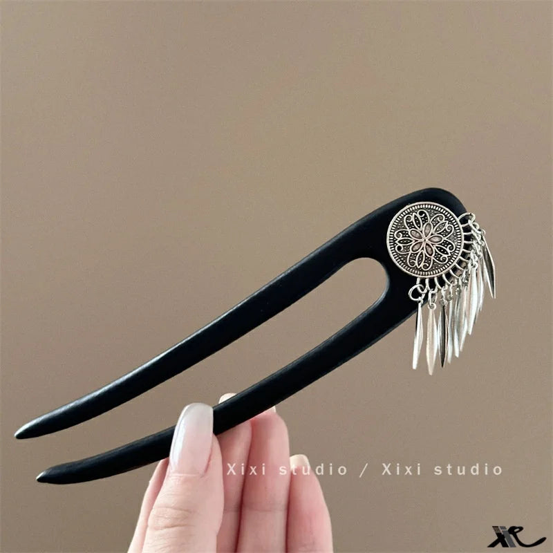 Crystal Moonstone Star and Moon Hairpin with Tassel Clip - Ladies Headwear Accessory