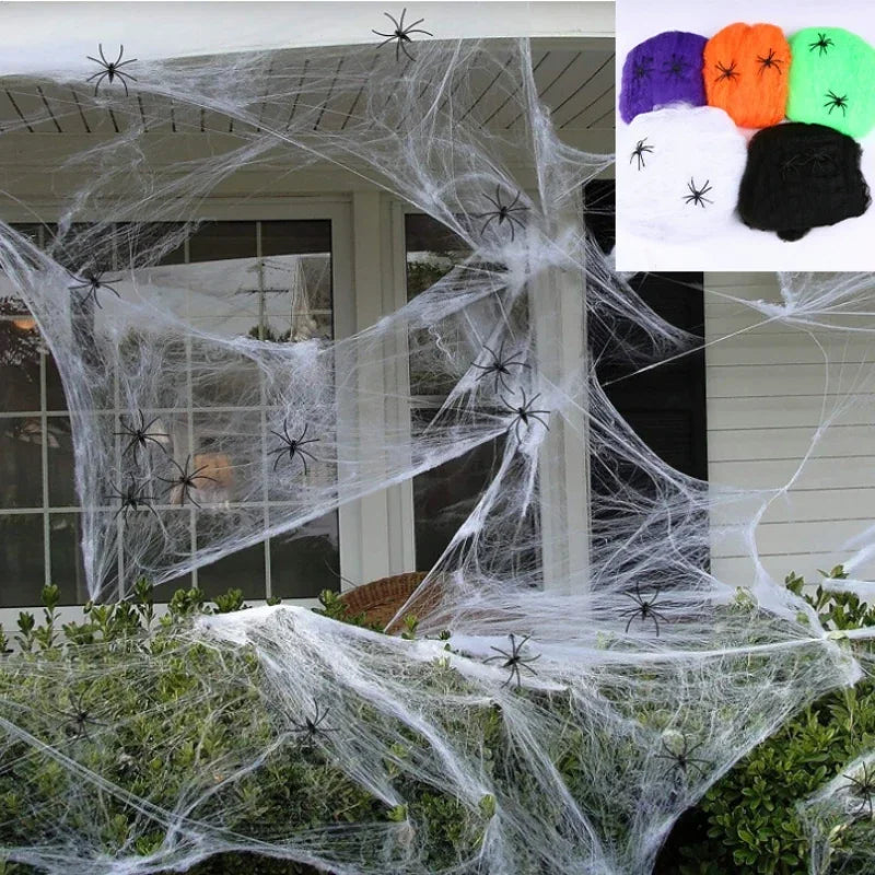Halloween Elastic Spider Web with Spider Horror Yard Decor - Faux Props for Haunted House
