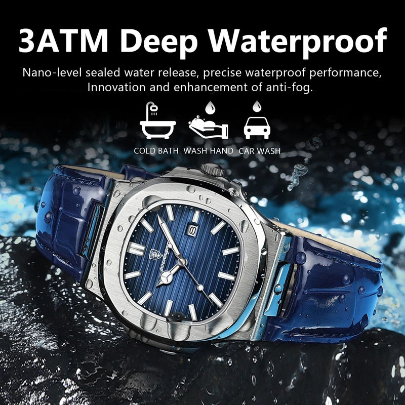 Luxury Men’s Square Waterproof Luminous Business Wristwatch with Leather Strap