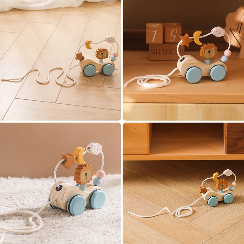 Montessori Wooden Baby Trailer Toys - Colorful Building Blocks & Dragging Car