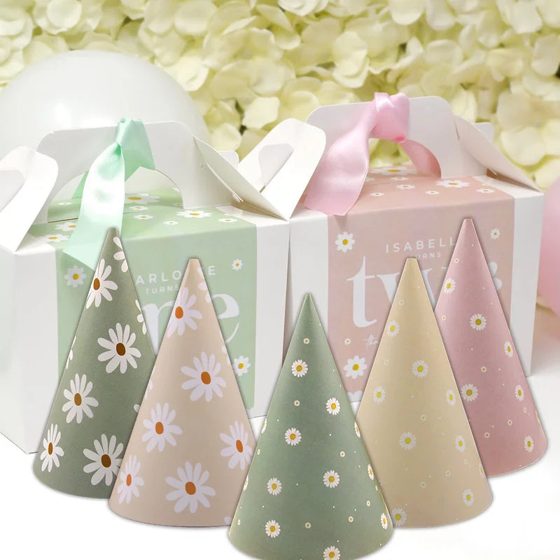 6-Pack Daisy Flower Paper Party Hats for Baby Shower & Birthday Decorations