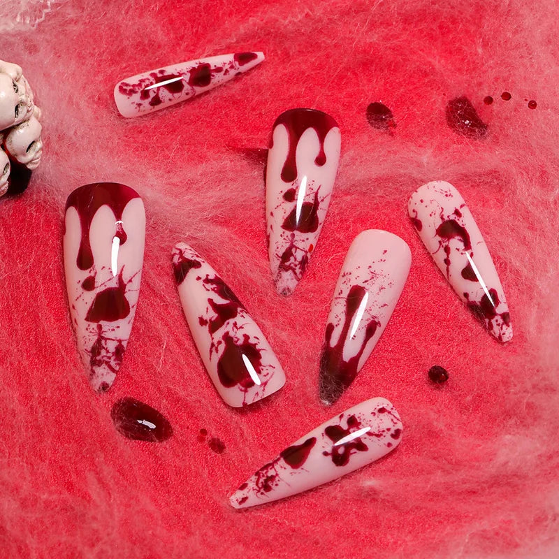 Halloween Bloodstain Nail Art False Nails with Glue - Long Pointed Detachable Design