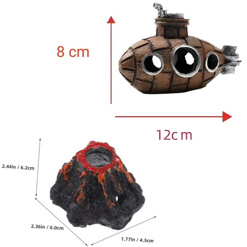 Aquarium Decoration Set Resin Submarine & Volcano Ornaments - Fish Tank Landscape Accessories
