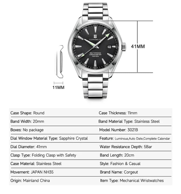 41mm Automatic Mechanical Wristwatch with Sapphire Glass and Stainless Steel Band