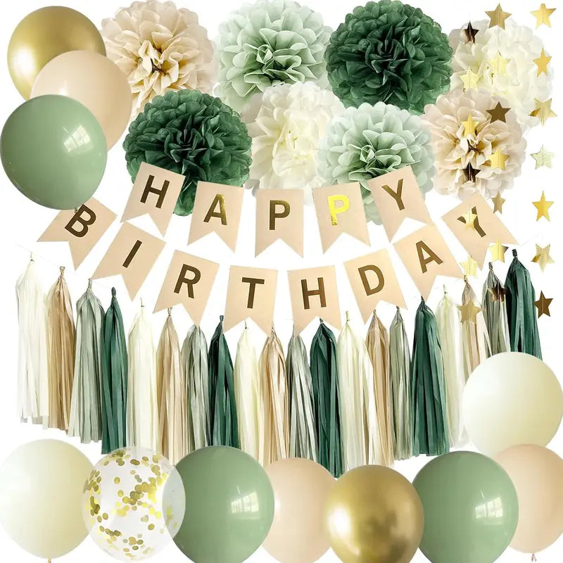 Green Birthday Party Decorations Banner Balloons Kraft Paper Set - Happy Birthday