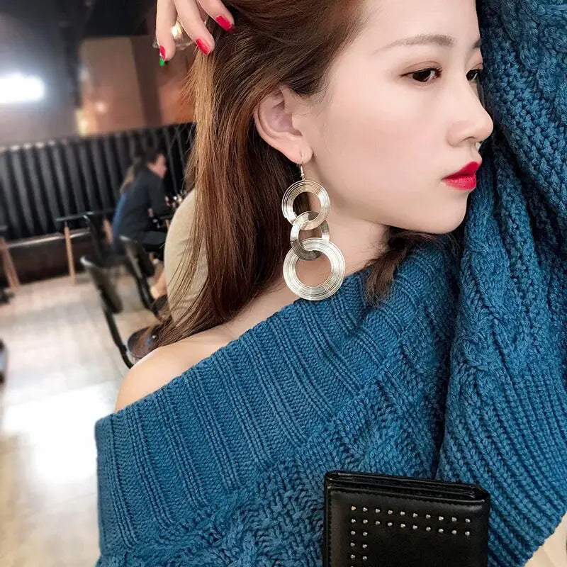 European Statement Drop Earrings for Women Party Jewelry Long Geometric Circle Dangle