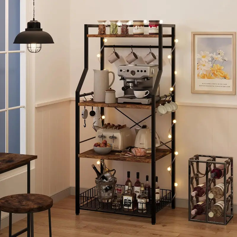 4-Tier Metal Floor Rack with Hooks Multi-Purpose Kitchen & Home Storage Shelf