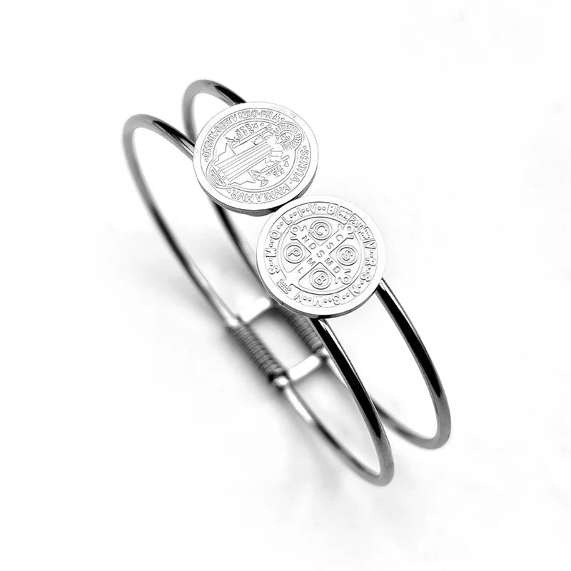 Saint Benedict Medal Bracelet for Men Women Stainless Steel Double Line Bangle Jewelry