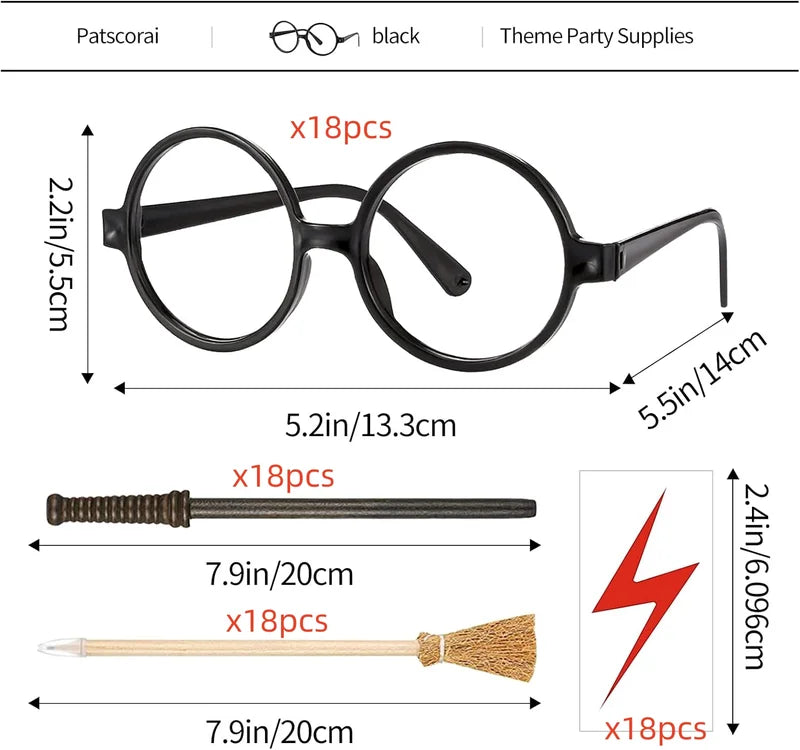 Wizard Party Favors Set - Wand Pencils, Witch Broom, Lightning Tattoos & Glasses for Halloween & Cosplay
