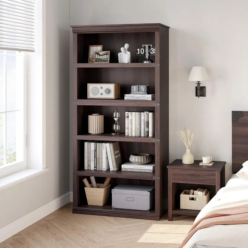 5-Tier Industrial Bookshelf Storage Rack with Cabinet - Tall Wall Bookcase