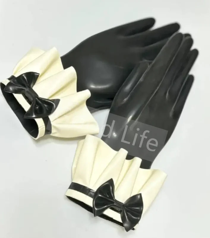 Black Latex Short Gloves with Bow - Handmade Rubber Costume Accessories