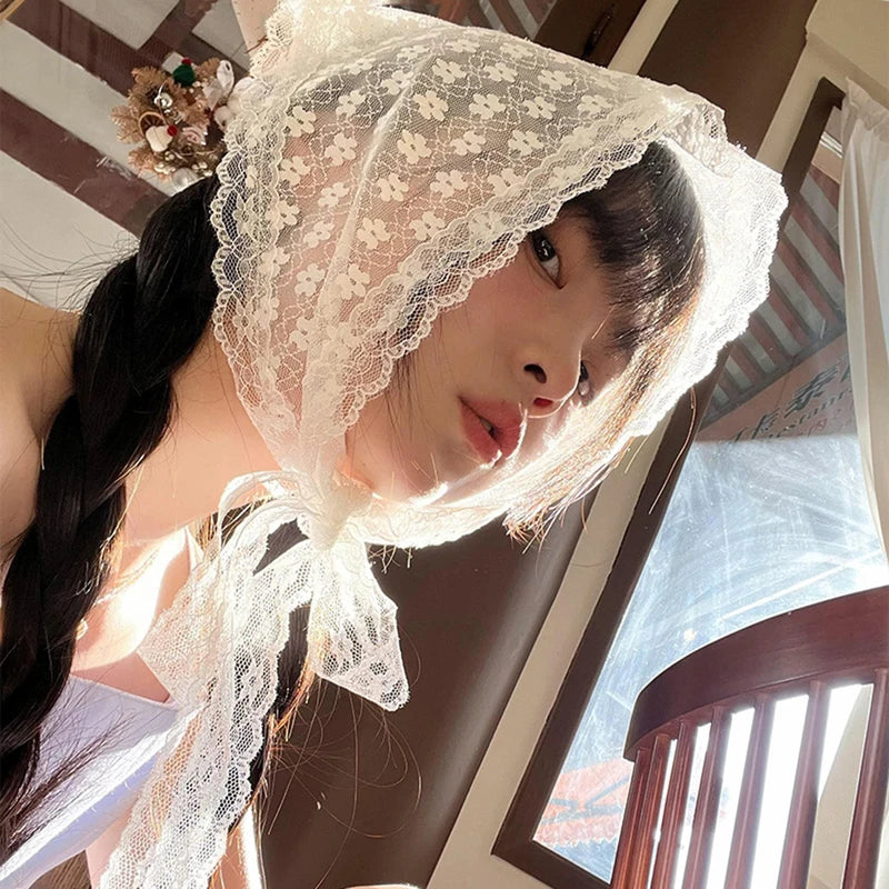 Elegant Lace Flower Triangle Scarf for Women - Breathable White Fashion Accessory
