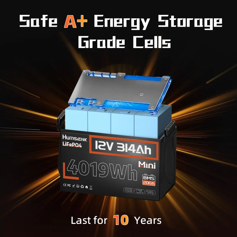 12V 314Ah Lithium Iron Phosphate Battery with 200A BMS for RV Solar Off-Grid Marine