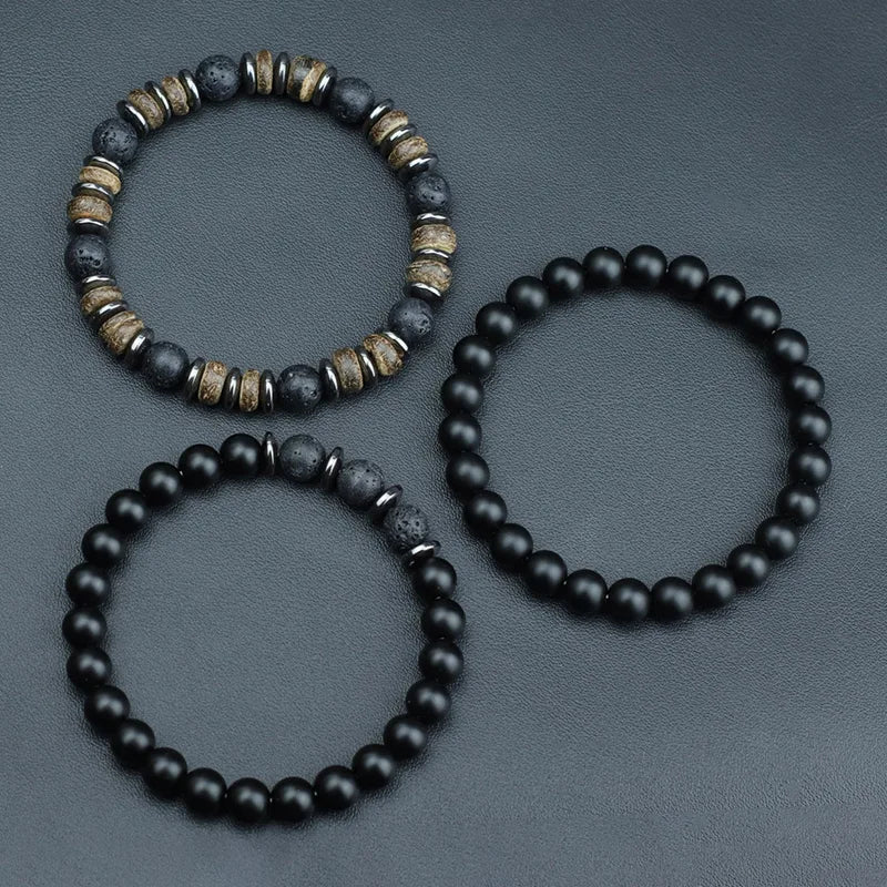 Natural Stone Men’s Beaded Bracelet Set - Onyx, Tiger Eye, Wooden Charm Gift
