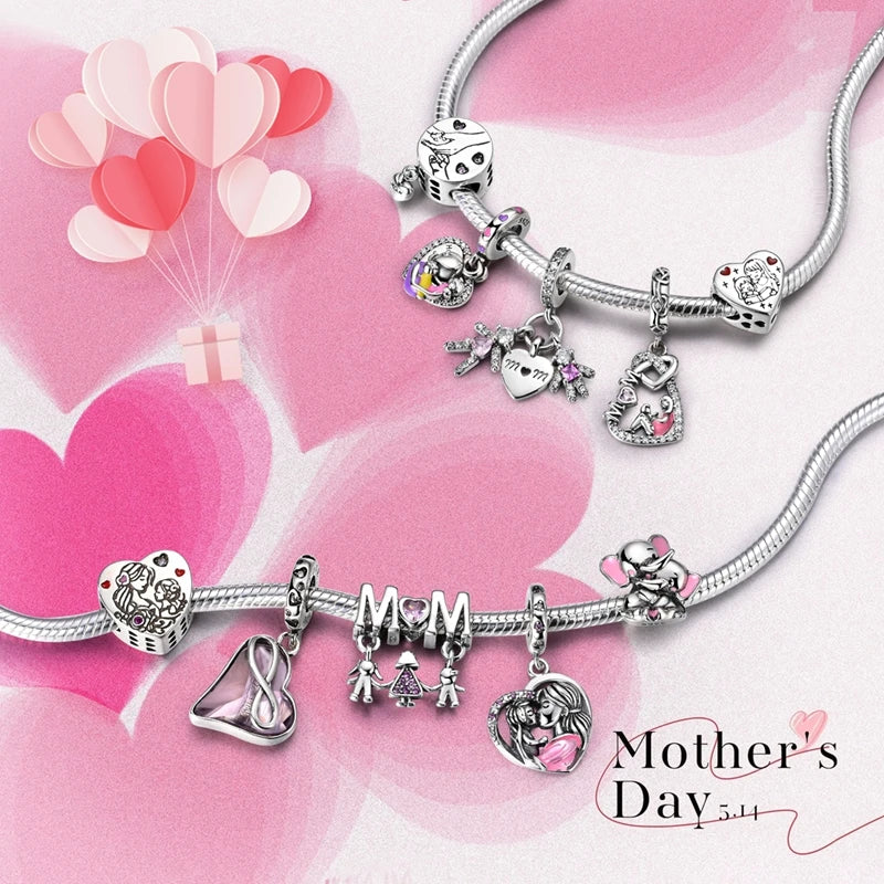 Sterling Silver Charm Bead for Bracelets - Mother's Day Love Heart Jewelry