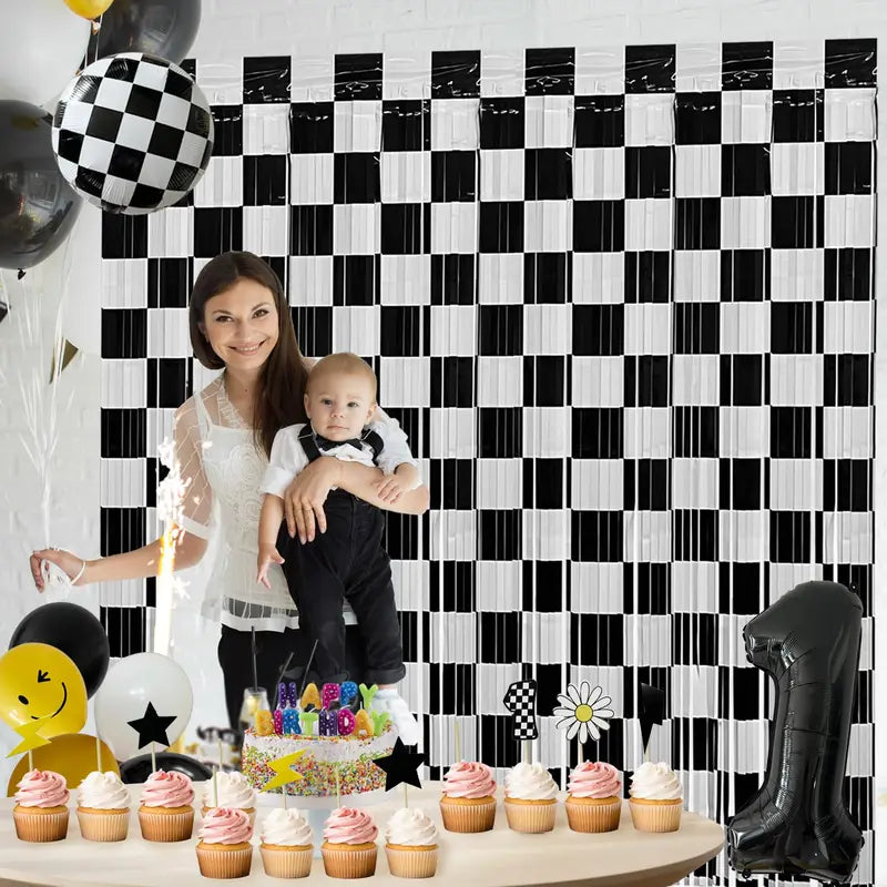 Racing Car Birthday Party Decor Foil Curtain Backdrop & Photo Booth Props