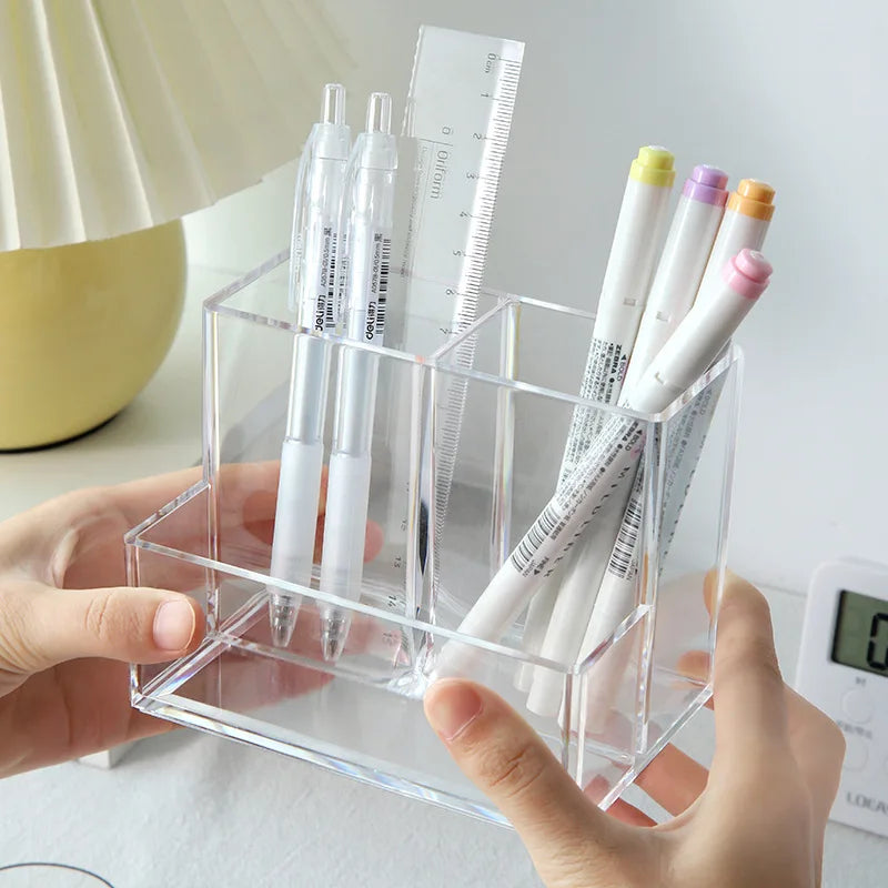 Transparent 3-Grid Makeup & Pen Organizer Box - Reusable Cosmetic Storage Bin