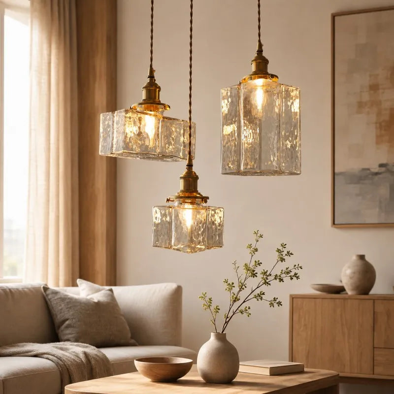 Japanese Retro Glass Pendant Light with Copper Finish for Bedroom Dining Room Study Hotel
