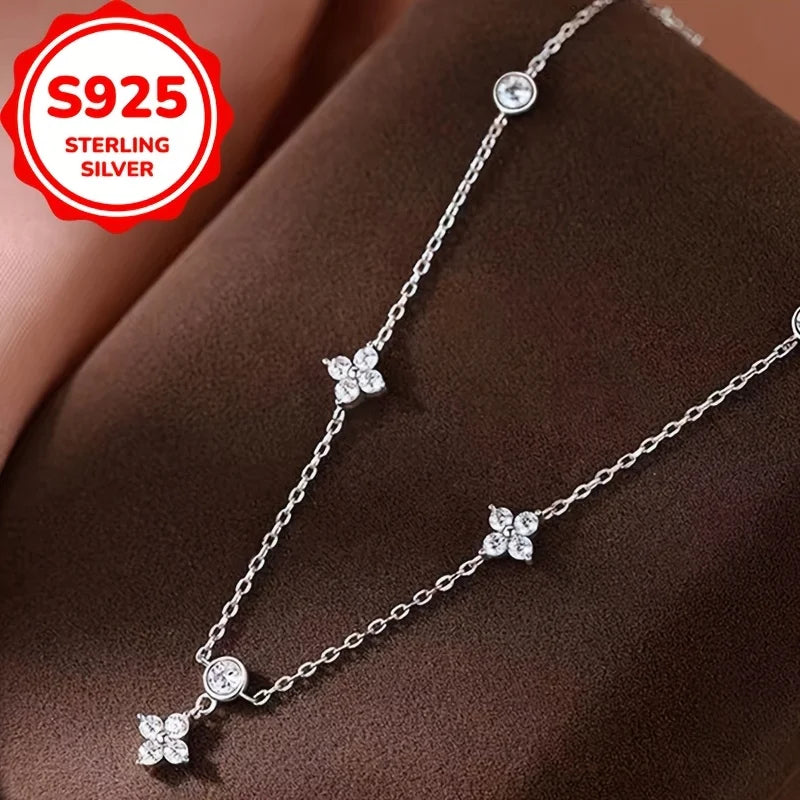 Sterling Silver Clover CZ Choker Necklace 14K Gold Plated Dainty Chain