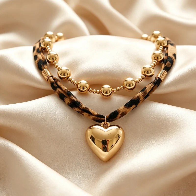 Leopard Print Choker Necklace Set with Heart Pendant and Gold Ball Chain for Festivals & Parties
