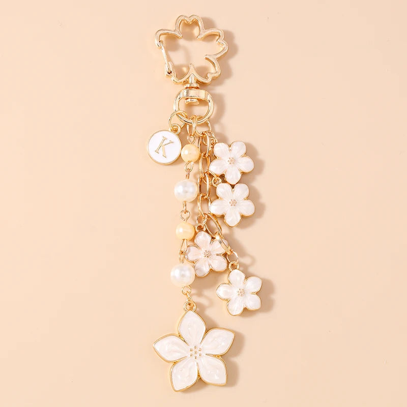 Enamel Flower Keychain for Women Girls Pearl Crystal Pendant Handbag Accessory Gift