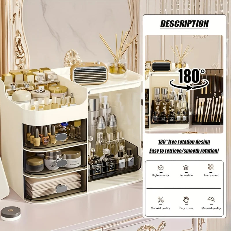 Beige Cosmetic Storage Box with 3 Drawers and Mirror - High Capacity Makeup Organizer
