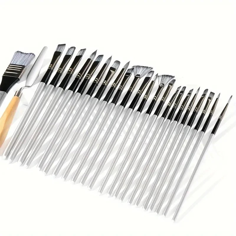 24-Piece Artist Paint Brush Set - Assorted Flat, Round, Fan & Detail Brushes with Soft Bristles