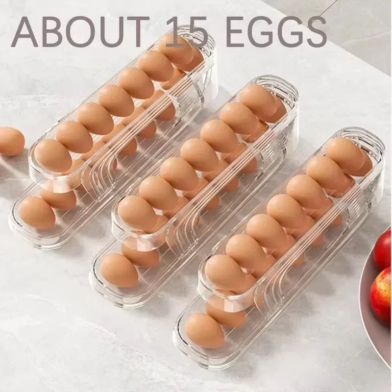 Double Layer Egg Storage Box with Automatic Rolling Dispenser Refrigerator Egg Organizer
