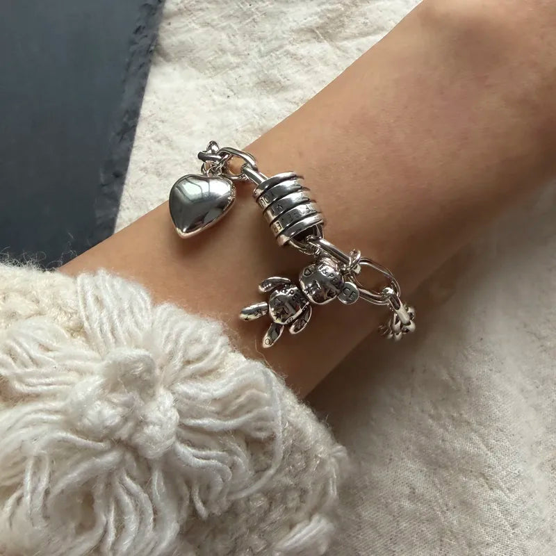 Solid Sterling Silver Heart Letter Bracelet for Women Men Handmade Birthday Gift