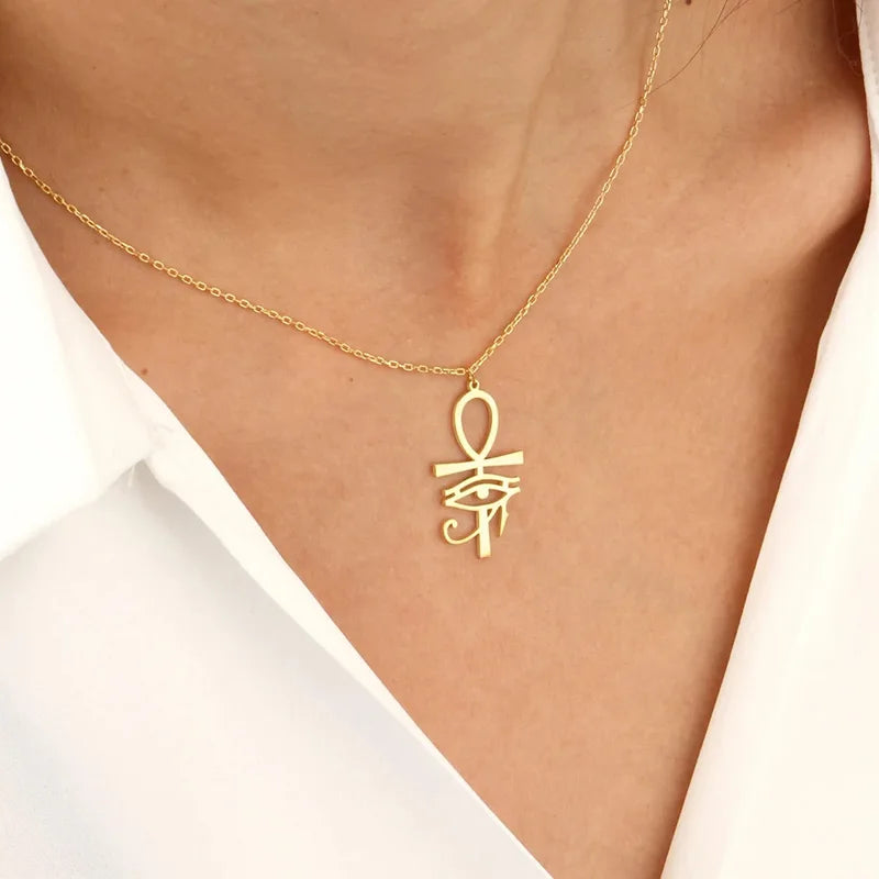 Ancient Egyptian Gold Plated Ankh Eye of Horus Pendant Necklace for Women