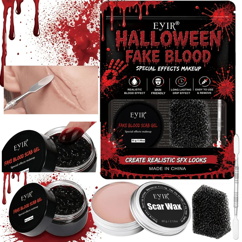 SFX Makeup Kit with Scar Wax Fake Blood & Tools for Halloween Wounds