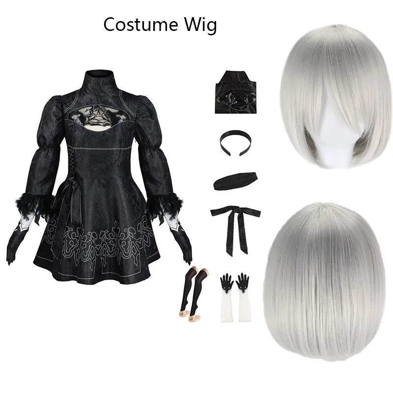 Yorha 2B Cosplay Costume Full Set - Black Leotard Dress with Wig Gloves Eyemask Socks