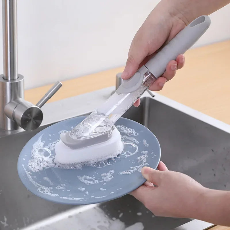 2-in-1 Kitchen Cleaning Brush with Long Handle and Removable Sponge Dispenser