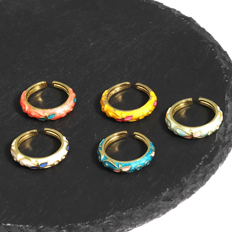 Vintage Enamel Flower Adjustable Ring for Women Wedding Jewelry