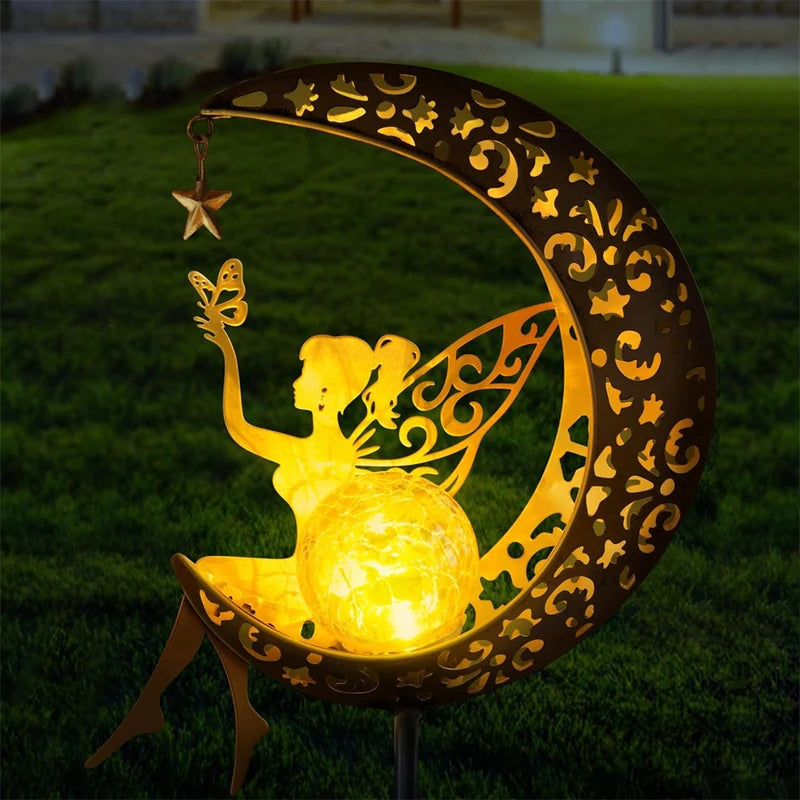 Solar Fairy Moon Garden Statues Outdoor Decor Light Stake for Patio Yard