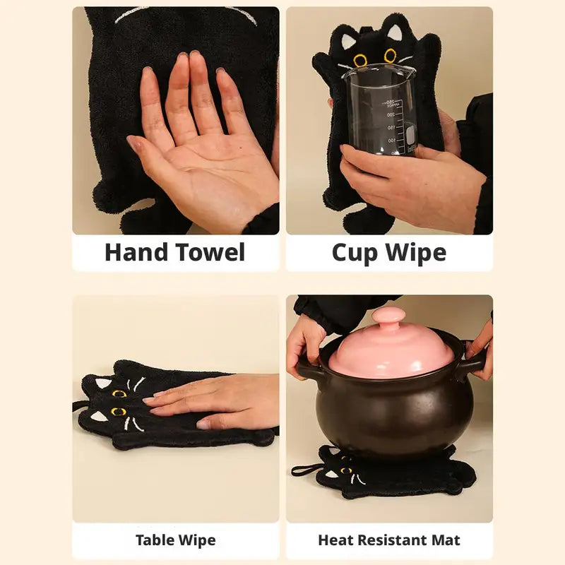 Black Cat Hand Towel - Thick Absorbent Kitchen & Bathroom Cloth, 30x19cm