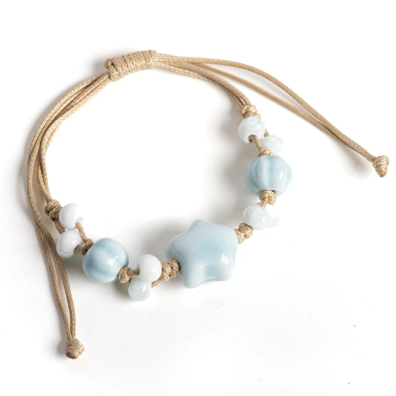 Adjustable Handmade Ceramic Star Bracelet Vintage Crackle Glaze Womens Jewelry