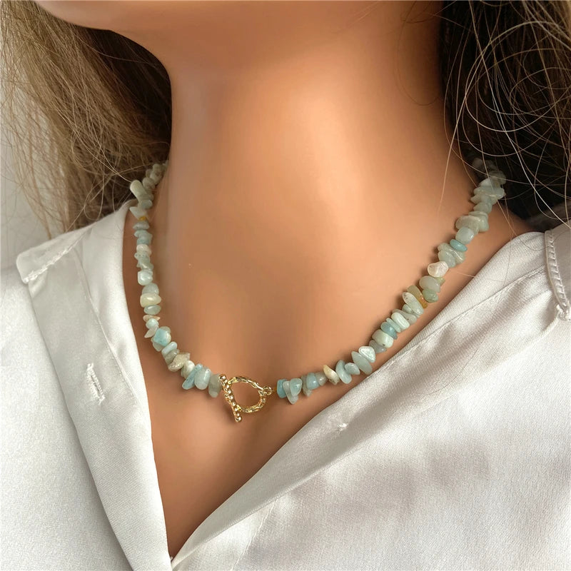 Natural Blue Stone Choker Necklace with Irregular Healing Gravel Beads for Women Jewelry