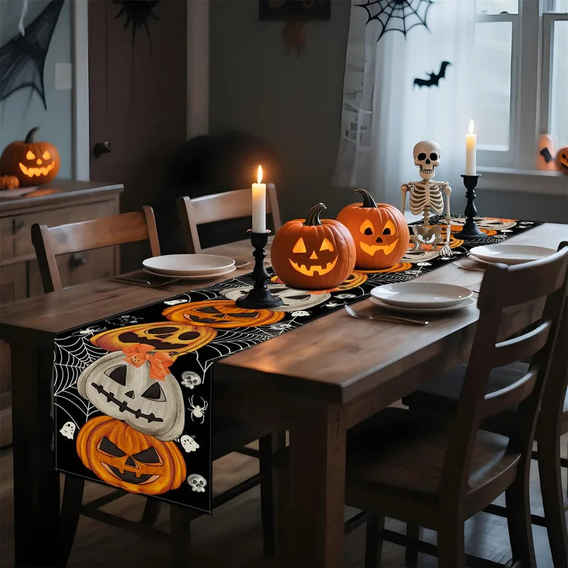 Bohemian Halloween Table Runner Decoration with Pumpkin Bat Skull Elements for Party Festive Decor