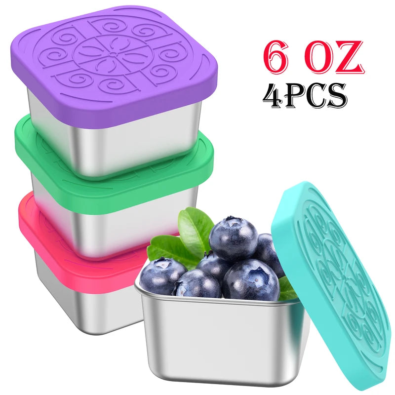Stainless Steel Snack Containers with Silicone Leakproof Lids - 4 Pack, Portable Food Storage