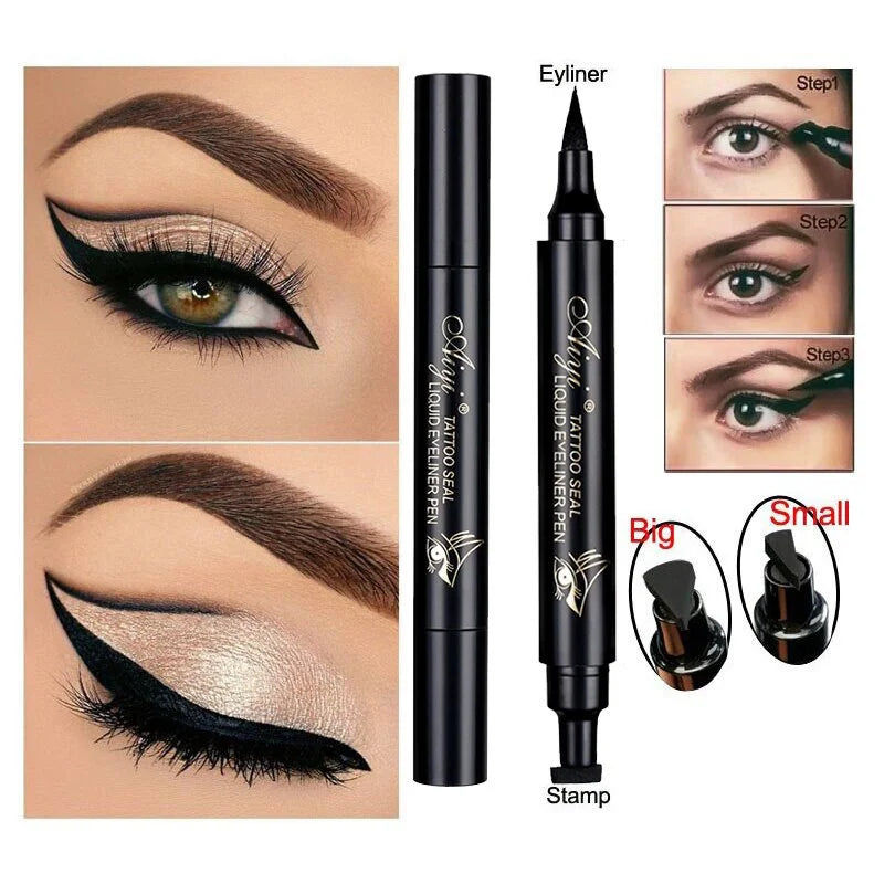 Double-Ended Waterproof Liquid Eyeliner Stamp Pen - Fast-Drying, Smudge-Proof, Long-Lasting Black